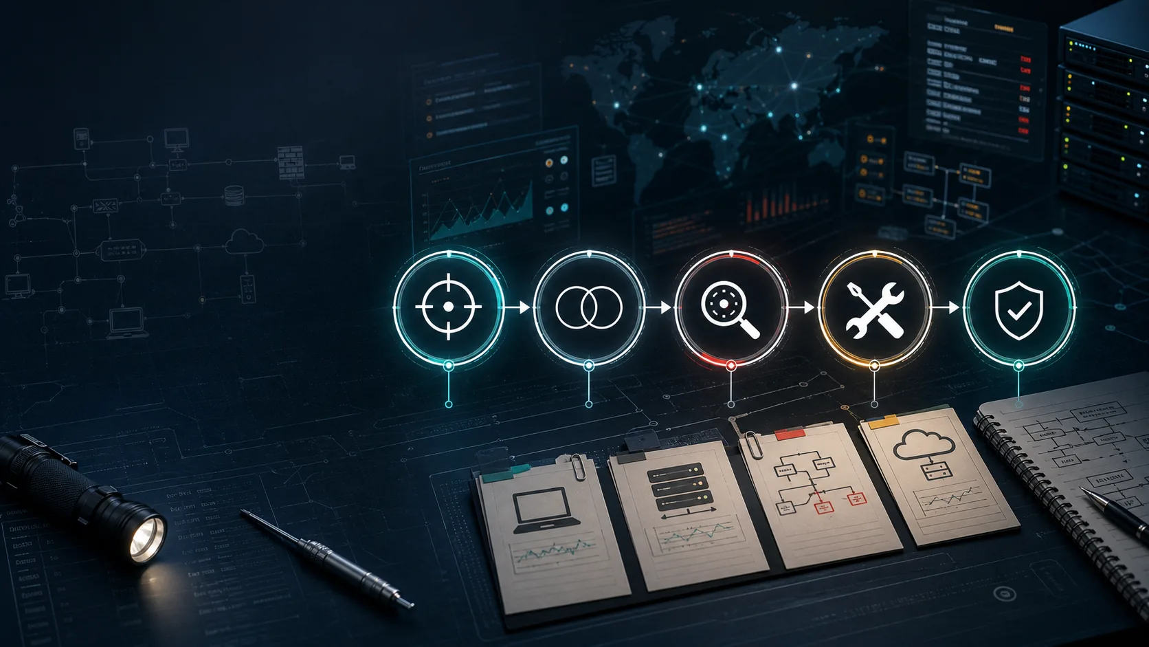 Diagnostic workflow workbench with connected troubleshooting stages